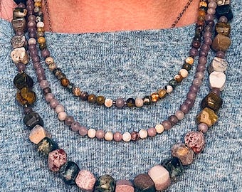 Colors of the Garden, 3 strand Lilac Stone, Ocean Jasper, Gold Filled slide and lock clasp, longest strand is 21 1/2 inches long