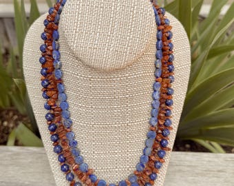 Knicks of NYC! Celebrate the Champions!  Carnelian chips, Denim Lapis flat rounds and Lapis round beads. Gold filled slide and lock clasp!