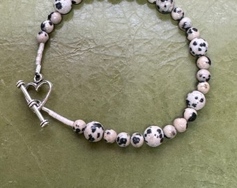 Dalmatian Jasper bracelets with Pewter heart toggle clasps