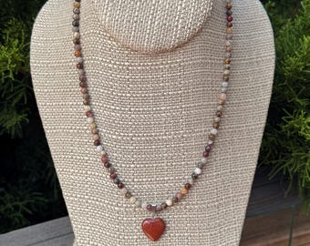 Bamboo Agate and Red Jasper Heart necklace. Silver filled toggle clasp. 17 1/4 inches long. Autumn colors. Fall colors. Heart necklace.