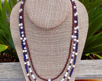Celebrate 250! USA's birthday.  Garnet, Lapis and Mother of Pearl 3 strand necklace with Silver Filled Toggle clasp. 21 3/4 inches long