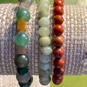 Energy Bracelets! Fancy Jasper round and square for WELLBEING. Aquamarine for WISDOM. Red Flake Jasper for PROTECTION all strung on elastic