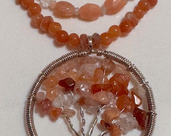 Autumn Tree of Life, 3 strand beaded necklace and matching 1 strand bracelet. Multi Moonstone, Quartz Crystal, Red Agate and Sunstone