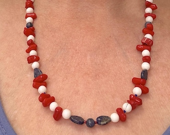 Team USA!  Iolite, Lapis Lazuli, Red Coral, Shell & Tourmalinated Quartz beads combine for this 1 strand necklace and matching bracelet set