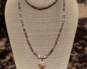 Picture This. Picture Jasper heart on Clear and Tourmalinated Quartz facets. 17 inches long. Sterling Silver toggle clasp. Neutral colors!