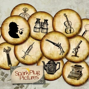 May include: Set of 12 vintage-style round paper circles with various images, including a magnifying glass, a pocket watch, a syringe, a microscope, a teapot, a typewriter, a wrench, a pair of binoculars, a violin, a detective, a pipe, and a pistol. The circles have a distressed, aged look and are perfect for scrapbooking, card making, or other craft projects.