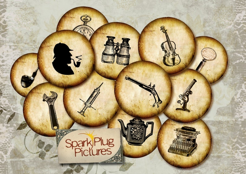 May include: Set of 12 vintage-style round paper circles with various images, including a magnifying glass, a pocket watch, a syringe, a microscope, a teapot, a typewriter, a wrench, a pair of binoculars, a violin, a detective, a pipe, and a pistol. The circles have a distressed, aged look and are perfect for scrapbooking, card making, or other craft projects.