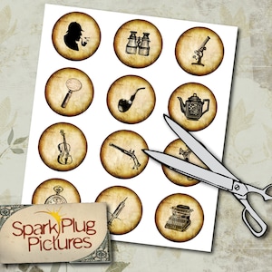 May include: A sheet of paper with 12 round, vintage-style images, each featuring a different object. The objects include a magnifying glass, a violin, a pipe, a teapot, a pair of binoculars, a microscope, a gun, a syringe, a typewriter, a pocket watch, and a detective silhouette. The paper is cut in half with a pair of scissors.