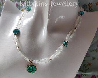 Double Layer White Glass Beads, Real Turquoise & Constellation Charm Necklace