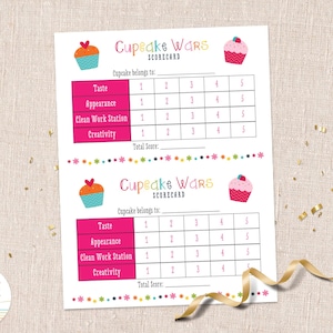 Tarjeta de puntuación de la fiesta de Cupcake Wars, hoja de evaluación, fiesta de cumpleaños de Cupcake Wars, fiesta de repostería, descarga instantánea, editable, plantilla de Canva