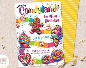 Op de afbeelding: Een kleurrijke uitnodiging voor een verjaardagsfeest in Candyland. De uitnodiging toont een peperkoekman, een cupcake, een ijshoorn en lolly's. De tekst op de uitnodiging luidt "Join us in Candyland! for Olivia's Birthday June 26 @ 3:00PM 205 N 450 E. Sandy, UT RSVP to Kate 123-456-7890"