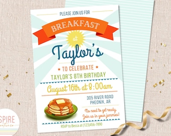 Ontbijt verjaardagsuitnodiging, ontbijtuitnodiging, instant download, uitnodiging voor pannenkoeken en pyjama's, ontbijtfeest, pannenkoekenfeest