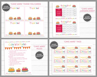 CAKE Wars Party Package / Cake Wars Birthday, rules, judging sheet, thank you cards, favor tags / Instant Download, Digital Printables