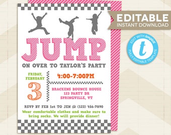 trampoline party invitation editable, bounce birthday invitation, printable, jump birthday invitation, girls birthday invitation template
