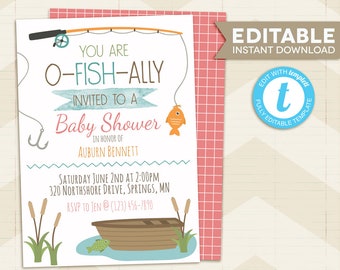 Fishing Baby Shower Invitation, for girl, neutral baby shower, instant download, editable template, edit with templett, 5x7, template