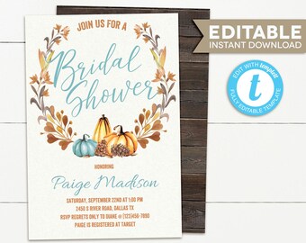 Fall Bridal Shower Invitation, Bridal shower invite, Pumpkin Bridal Shower, Autumn bridal shower, Instant download, editable, template