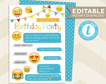 Emoji Invitation Instant Download / Emoji party invitation / Emoji Party / emoji birthday invitation / printable, digital, editable template