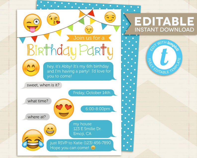 Emoji Invitation Instant Download / Emoji party invitation / Emoji Party / emoji birthday invitation / printable, digital, editable template image 1