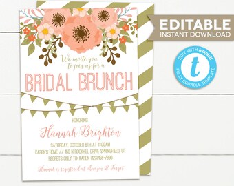 Bridal Shower Brunch Invitation, Floral Bridal Shower Invitation, Bridal brunch invitation, peach, Instant download, editable, Template