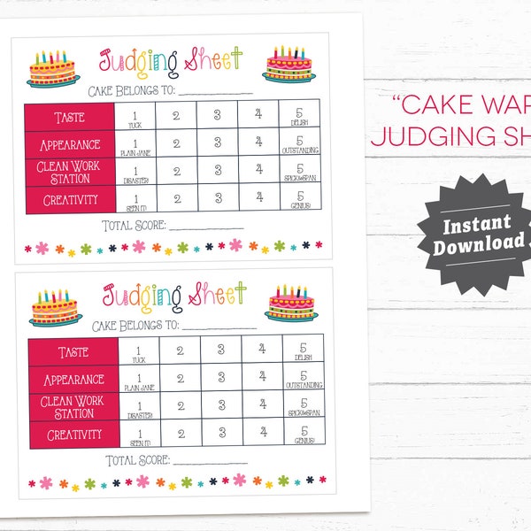 CAKE Wars Party Judging sheet, cake wars birthday, baking party, Instant Download, Digital Printables