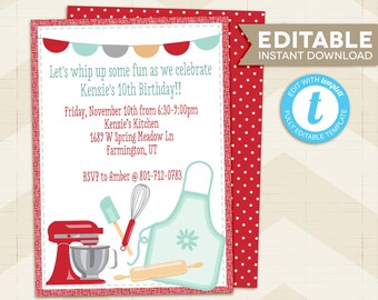 Baking Party Invitation, cooking party invitation, baking birthday party, editable invitation, instant download, printable template