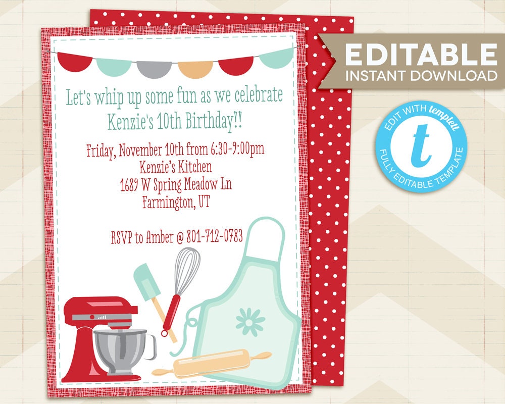 Baking Party Invitation, Cooking Party Invitation, Baking Birthday ...