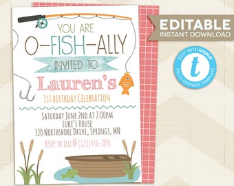 Fishing Invitation Instant Download / Fishing party invitation for girl Fishing birthday invitation / printable, digital, editable template