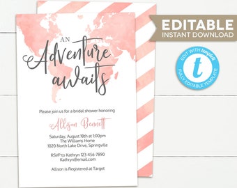 An Adventure Awaits Bridal Shower Invitation, Travel Bridal Shower invitation, pink bridal shower invitation, editable template, template