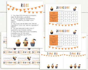 Halloween Cupcake Wars Party Package, Cupcake Wars Birthday, rules, judging sheet, thank you cards, favor tags / Instant Download