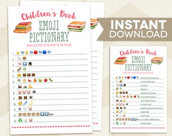 Juego de baby shower con forma de libro de cuentos, juego de baby shower con emojis, juego de baby shower con emojis, pictionary con emojis de libros infantiles, juego de libros de cuentos