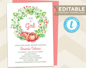 Floral Baby Shower Invitation / Baby Shower wreath Invitation / Instant download, editable template, edit yoursel, pink, red, green floral