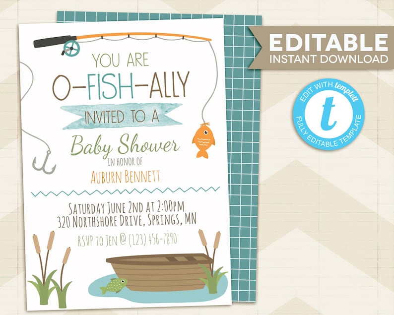 editable template instant download 5x7 for boy edit with templett Fishing Baby Shower Invitation neutral baby shower