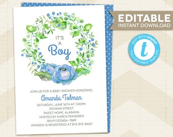 Floral Baby Shower Invitation template, Baby Shower Invite, for boy, floral wreath, Instant download, editable templett, blue, green, floral