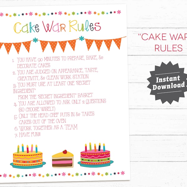 CAKE Wars Party Rules, cake wars birthday, baking party, Instant Download, Digital Printables