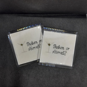 Martini James Bond 007 inspired acrylic cross stitch coaster pair shaken or stirred