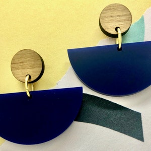 Dancer dangly stud earrings, gold plated studs in navy blue and walnut wood