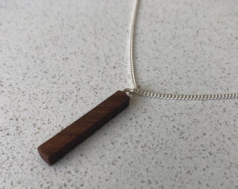 Simple walnut wood pendant necklace on fine sterling silver chain