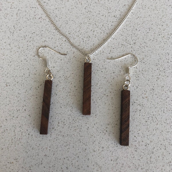 Elegant simple earring and necklace set, walnut pendants on silver fixings.