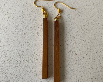 Elegant handmade dangle earrings from reclaimed iroko and gold plated hooks