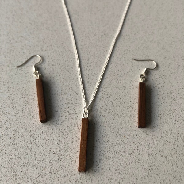 Iroko pendant and earring set - handmade wooden pendant and earrings with sterling silver chain and fixings.