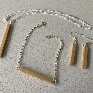 Pale wood jewellery set - earrings, pendant and bracelet. Made from poplar wood offcuts and sterling silver