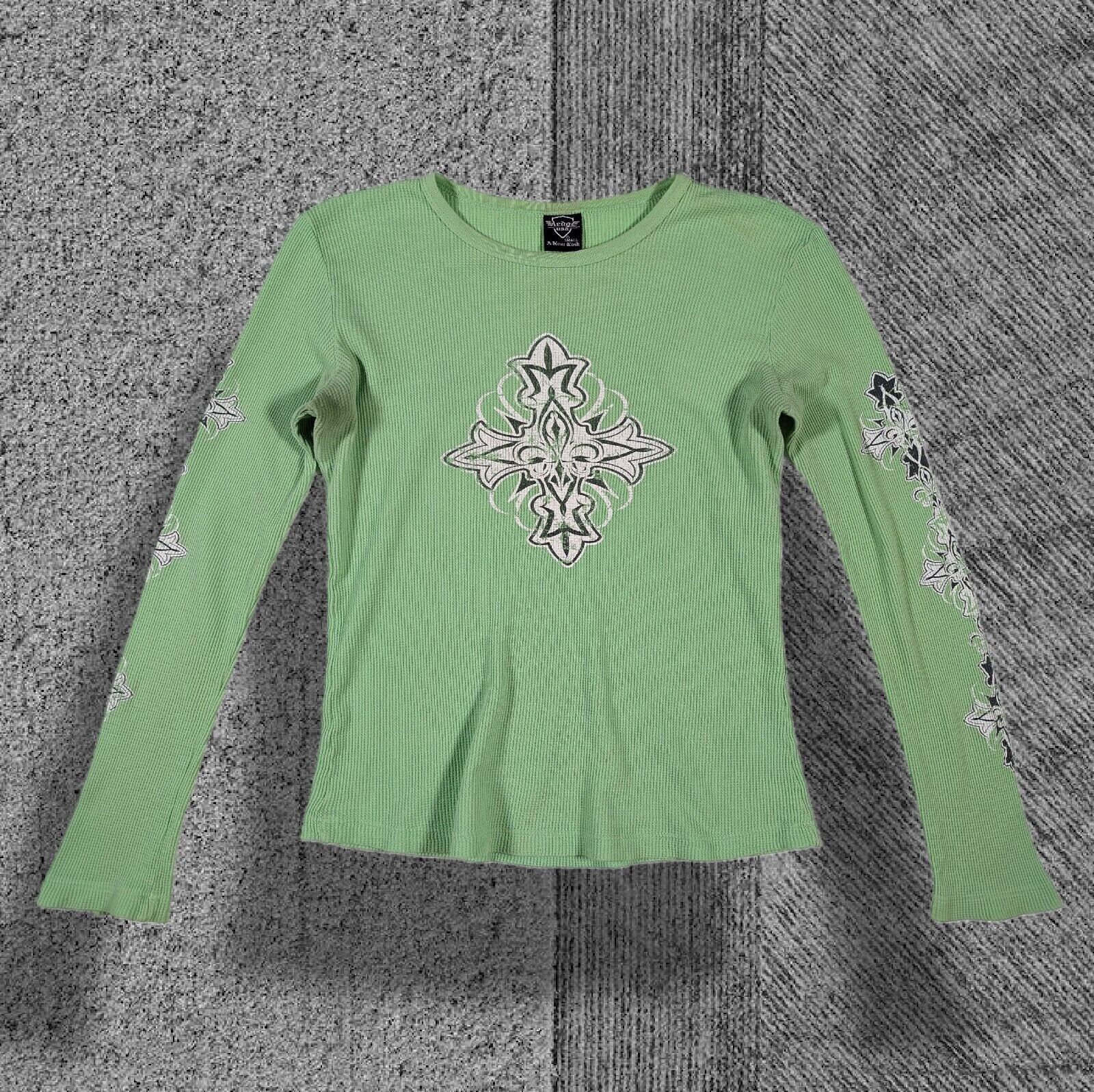 Vintage Y2K Sledge USA Long Sleeve Waffle Thermal Green Cross