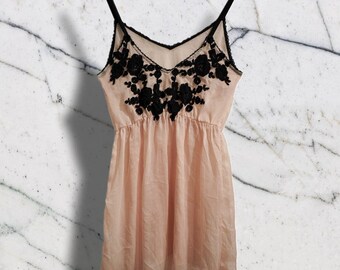 Sheer Peach (Vintage?) Negligee/Top with Black Lace Embroidered Appliqués