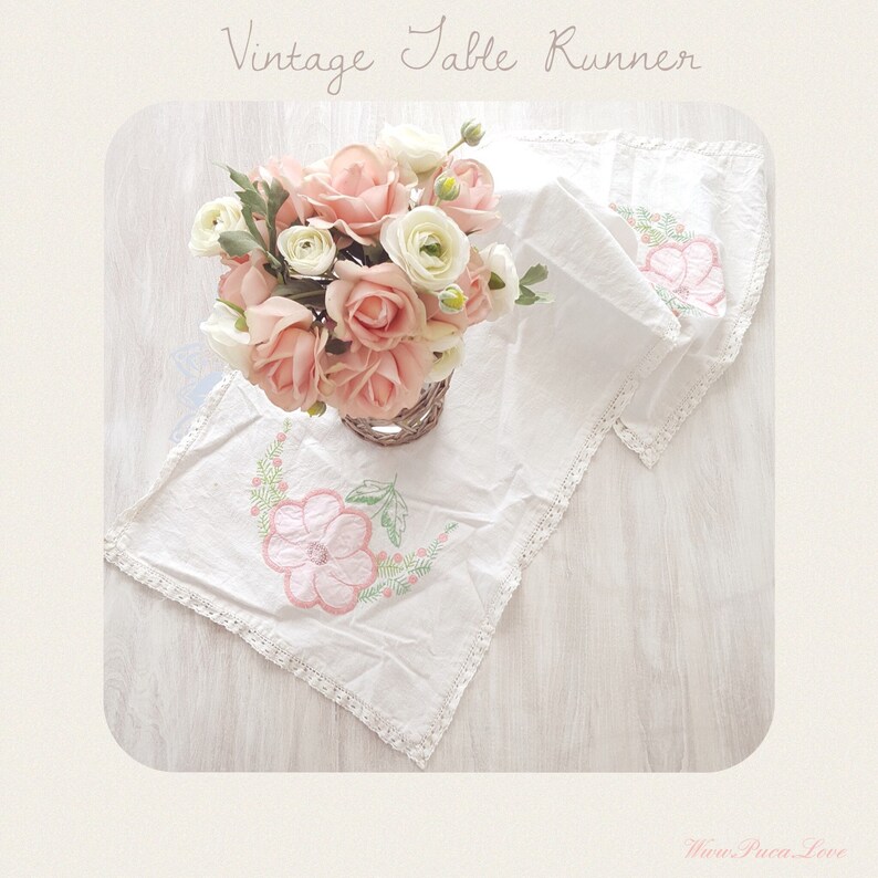 Vintage Table Runner Large Pink Flower