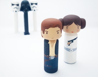 Kokeshi Peg doll Wooden doll Han Solo and Princess Leia from Star Wars Universe