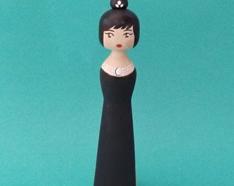 Audrey Hepburn wooden kokeshi, handpainted doll decoration