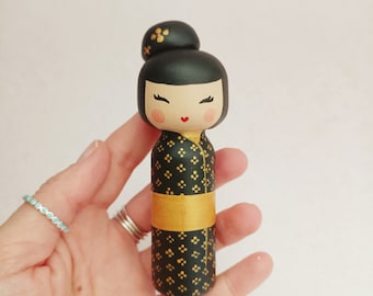 kokeshi peg Doll Wooden doll japanese flowers traditional japan art