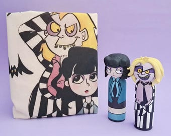 Totebag pack of cotton fabric bag and kokeshi wooden doll by Audrey Hepburn, perfect gift