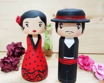 Kokeshi Peg Doll Muñeco de madera Famenca andaluza traje típico andaluz de España, regalo original