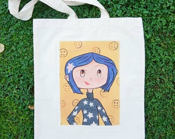 100% organic cotton fabric bag with a Coraline design Tote bag print fabric gift
